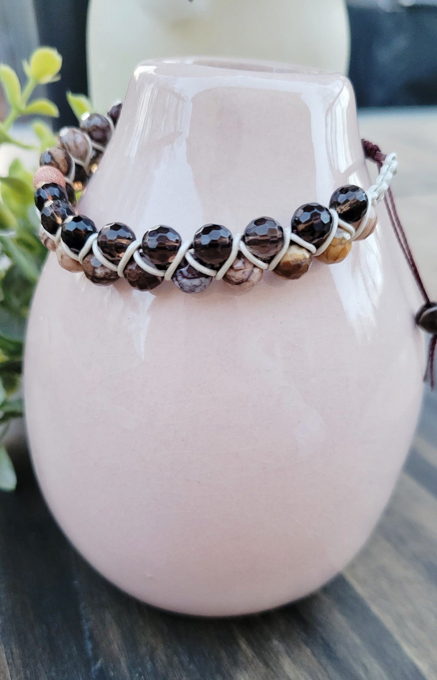 Smokey Quartz and Brown Striped Agate Dual Row Beaded Bracelet