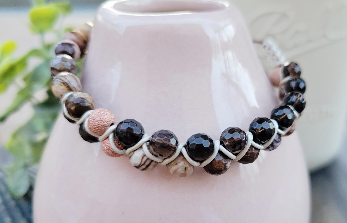 Smokey Quartz and Brown Striped Agate Dual Row Beaded Bracelet