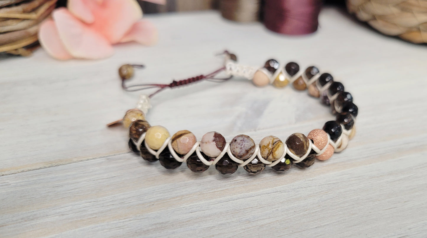 Smokey Quartz and Brown Striped Agate Dual Row Beaded Bracelet