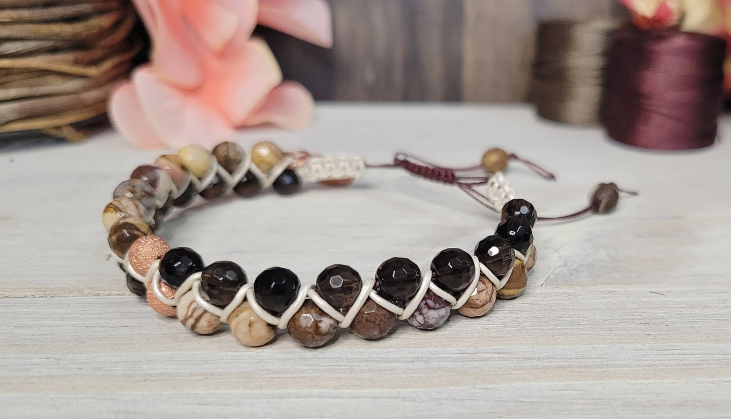 Smokey Quartz and Brown Striped Agate Dual Row Beaded Bracelet