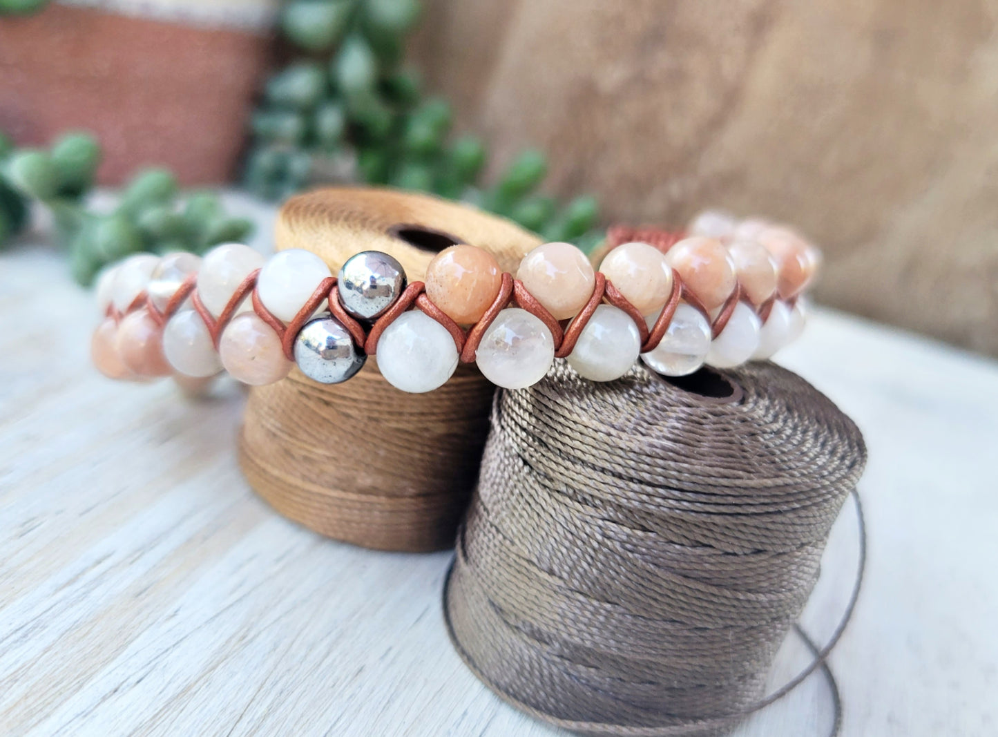 Sunstone and Moonstone Dual Row Beaded Bracelet