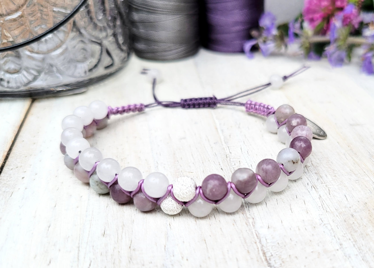 Natural Lepidolite and Quartz Dual Row Beaded Bracelet