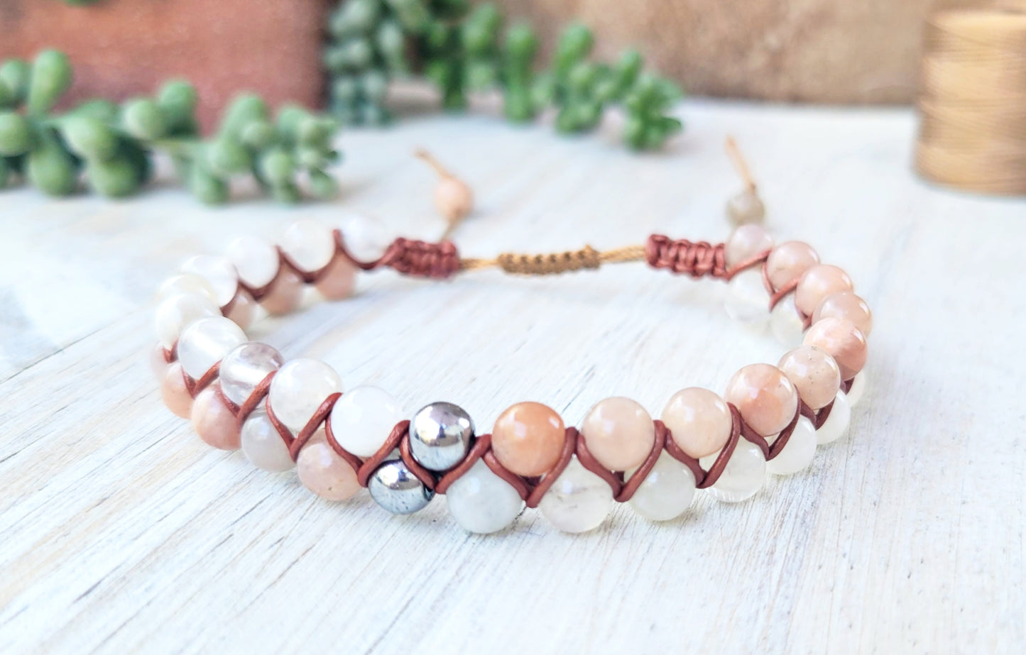 Sunstone and Moonstone Dual Row Beaded Bracelet