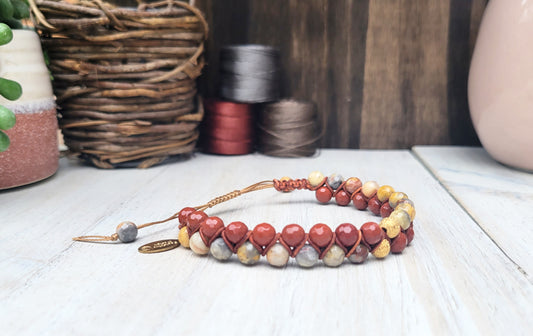 Red Jasper and Crazy Lace Agate Dual Row Beaded Bracelet