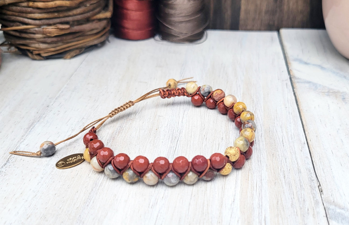 Red Jasper and Crazy Lace Agate Dual Row Beaded Bracelet