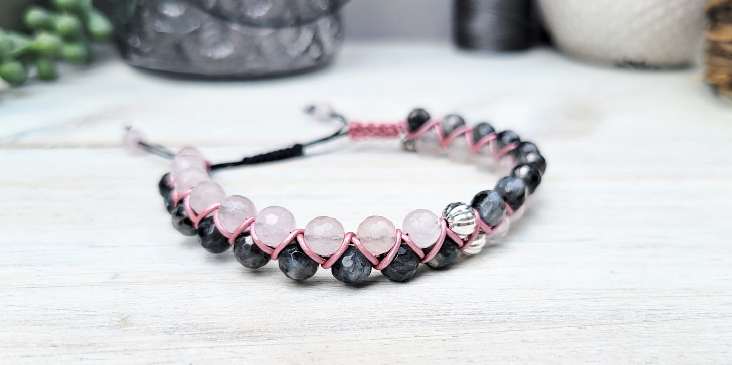 Rose Quartz and Larvikite Labradorite Dual Row Beaded Bracelet